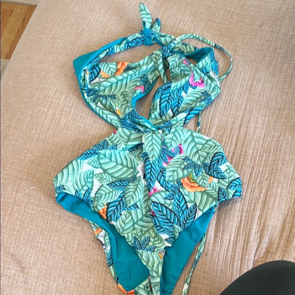 Mara Hoffman Green and Blue One Piece Swimsuit with Halter Neck